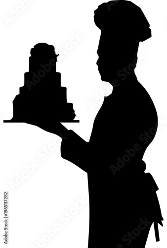 Black Silhouette of a Professional Pastry Chef Holding a Large Multi-Tiered Wedding Cake on a Serving Tray