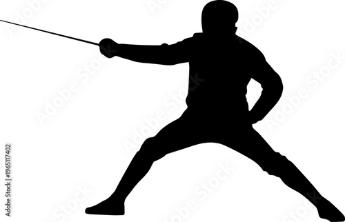 Silhouette of a fencer athlete in an attacking lunge pose with a foil sword isolated on white background