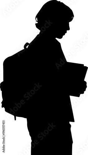 Silhouette of a schoolboy carrying a backpack and holding a book isolated on white background