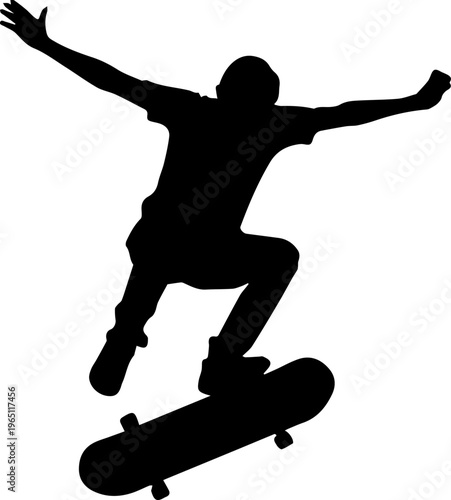 Black Silhouette of a Skateboarder Jumping in the Air Performing a Trick on a White Background