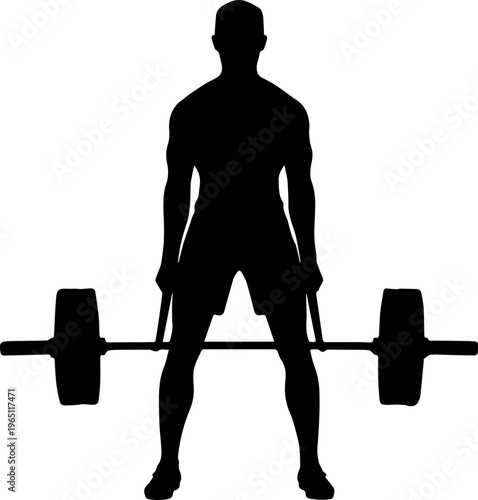 Black silhouette of a male weightlifter performing a trap bar deadlift exercise isolated on white background