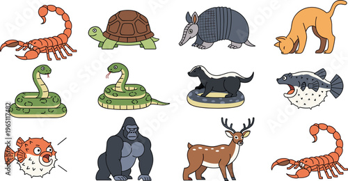 Wild Animal Vector Set Featuring Scorpion, Turtle, Armadillo, Cat, Snake, Skunk, Puffer Fish, Fish, Gorilla, Deer, and Crustaceans for Wildlife, Cartoon, Nature, and Educational Designs
