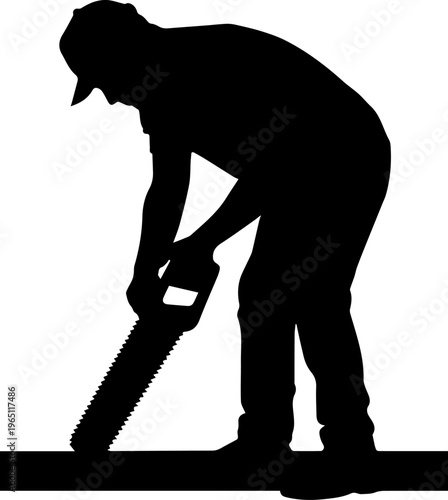 Black Silhouette of a Male Carpenter Using a Hand Saw to Cut Wood Isolated on White Background