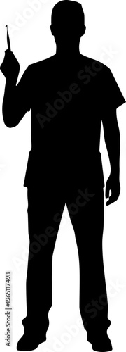Black Silhouette of a Male Dentist or Medical Professional Holding a Dental Tool Standing Isolated on White Background