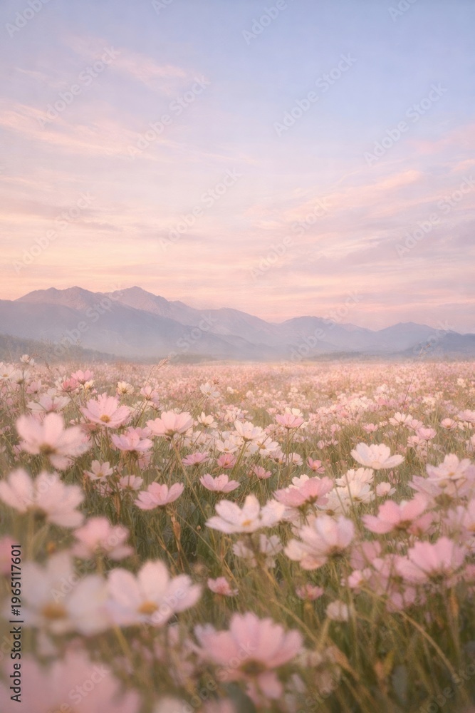 Obraz premium Serene pink flower field landscape.