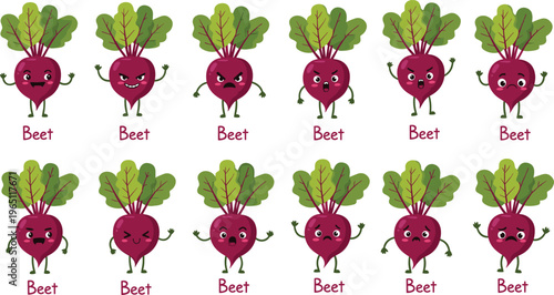 Cartoon Beetroot Character Set Featuring Various Emotions and Poses Vector Collection