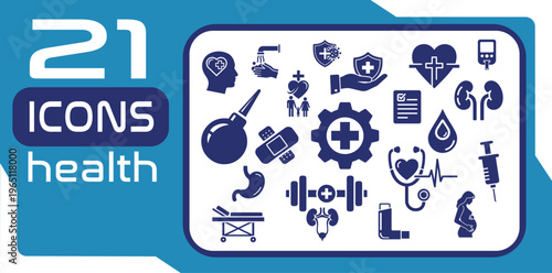 Set of 21 Health and Medical Services Blue Glyph Icons Vector Illustration