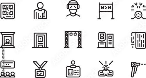 Set of line icons depicting event attendees engaging with virtual reality and modern digital access technology