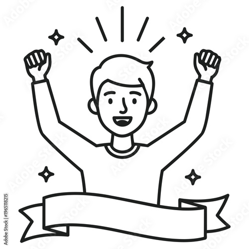 Triumph Icon: A vector illustration captures a figure celebrating victory with raised arms, radiant energy and a banner.