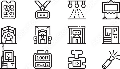 Event and exhibition line icons depicting QR code access, ID badges, stage lighting, display booths, museum exhibits, ticket services, and security checks