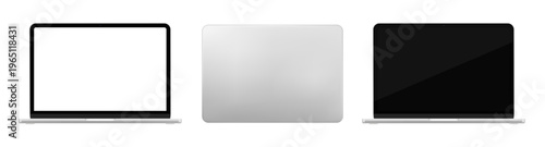Detailed silver notebook PC mockup. Front and rear view isolated on transparent background. Vector PNG