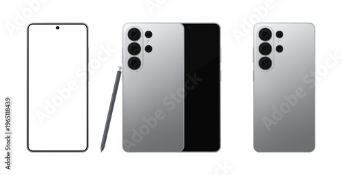 Detailed grey mobile phone with stylus mockup. Front and rear view isolated on transparent background. Vector PNG