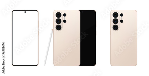 Detailed gold mobile phone with stylus mockup. Front and rear view isolated on transparent background. Vector PNG