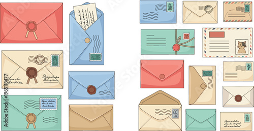 Vintage Envelope and Letter Illustration Set Featuring Seals Stamps and Postmark Details Retro Paper Collection Vector
