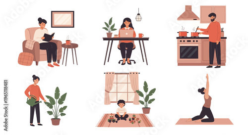 Diverse people enjoying home activities: reading, working, cooking, gardening, playing, yoga