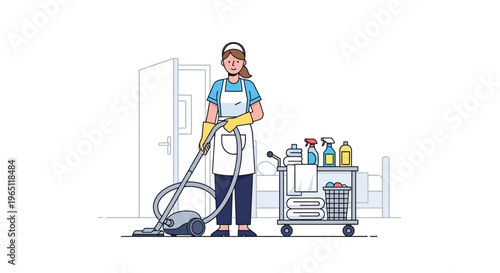 Housekeeper Vacuuming with Cleaning Cart in Modern Room