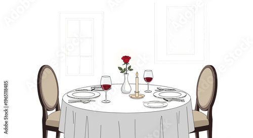 Romantic Dinner Table Setting for Two with Rose, Candle and Wine Glasses