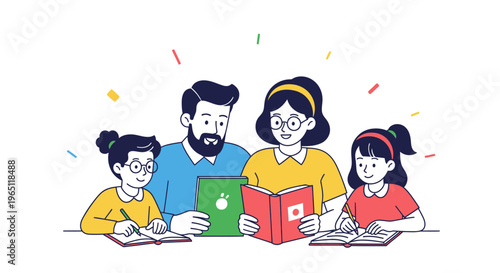Happy Family Reading Together, Education, Learning, Childhood, Knowledge