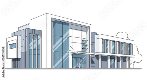 Modern Office Building Architecture Sketch, Contemporary Commercial Facade Design