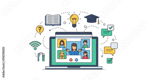 Online Learning Concept: Laptop with Video Conference, Education Icons, and Connection Symbols