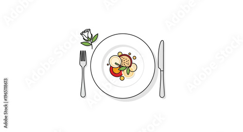 Elegant Food Presentation: Gourmet Meal on Plate with Cutlery and Rose