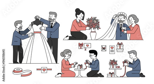 Wedding Preparation Scenes: Dress Fitting, Gift Wrapping, Flower Arrangement, Couple