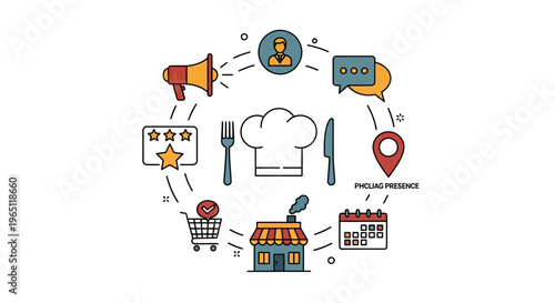 Restaurant Marketing & Online Presence Icons Circle Around Chef Hat and Restaurant Building