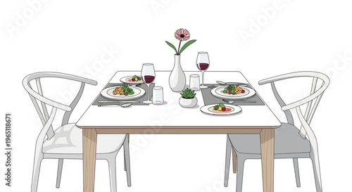 Elegant Dining Table Set for Two with Wine and Flowers, Isolated on White