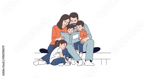 Family reading a book together, illustration, parents and children enjoying story time