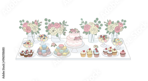 Elegant Dessert Table with Cake, Cupcakes, Macarons, and Flowers