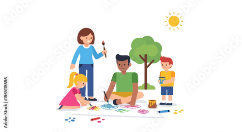 Children and teacher painting outdoors on sunny day, creative art class