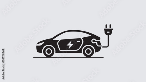 An electric car being charged with a plug and cable in a simple black and white illustration