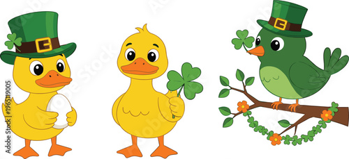 St. Patrick's Day Cute Chick and Bird Illustration Set Featuring Clover Leaf, Green Hat, and Lucky Charm Symbols Vector Collection
