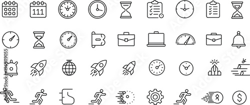 Time management and productivity line icon set with calendar, clock, deadline, speed, workflow, startup and business efficiency symbols