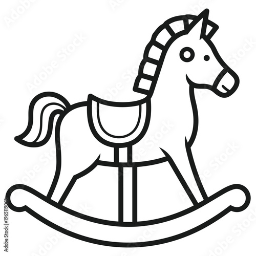 Playful Rocking Horse Icon: A simple line illustration of a classic rocking horse, a symbol of childhood joy and playful imagination. 