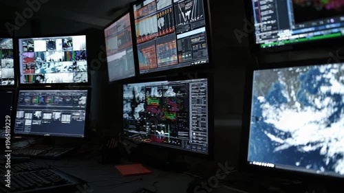 Modern operations center displaying satellite imagery of earth's atmosphere and weather systems on multiple screens, facilitating critical data analysis and meteorological observation