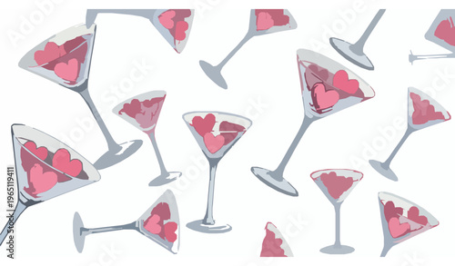 Watercolor martini glasses with hearts seamless style romantic cocktail set valentines day vector isolated on white