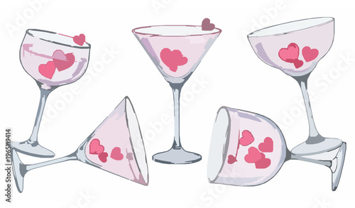 Watercolor martini glass set with pink hearts romantic cocktail illustration for valentines day isolated on white