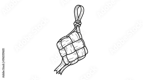 Hand-drawn Ketupat Illustration: Woven Rice Cake with Loop and Tails
