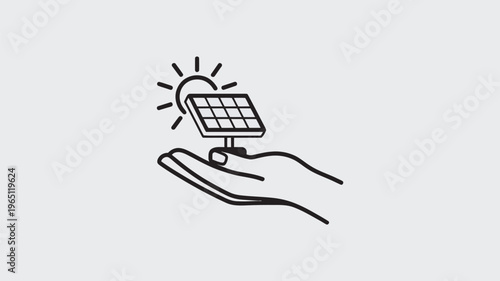 A hand holding a solar panel with sun rays, symbolizing renewable energy and sustainability.