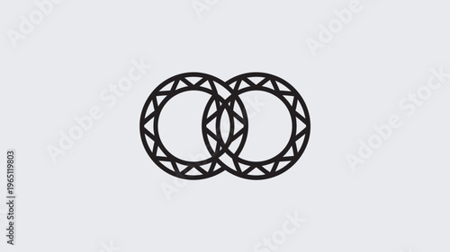 A minimalist black logo featuring interconnected geometric circles on a light gray background