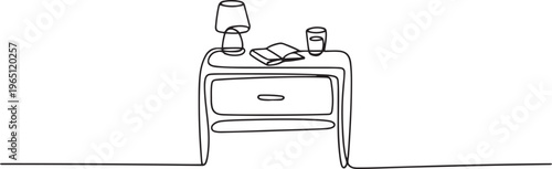 interior of the bedside table. Room table top. A cozy bedside tables. Place by the bed for things. Home cozy furniture. one line art icon drawing vector