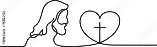 The love of Christ in profile vector background. Christian icon icon. Continuous outline of Heart and cross. one line art icon drawing vector