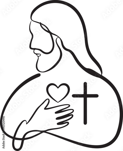 The love of Christ in profile vector background. Christian icon icon. Continuous outline of Heart and cross. one line art icon drawing vector