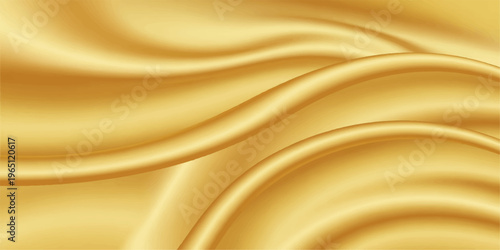 Luxurious abstract golden silk fabric background with smooth flowing satin waves and a shiny liquid textile texture for a soft elegant backdrop design