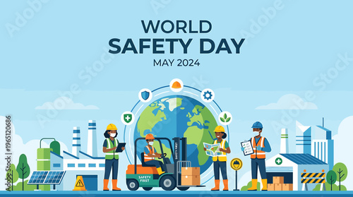 World Safety Day illustration with workers in industrial setting