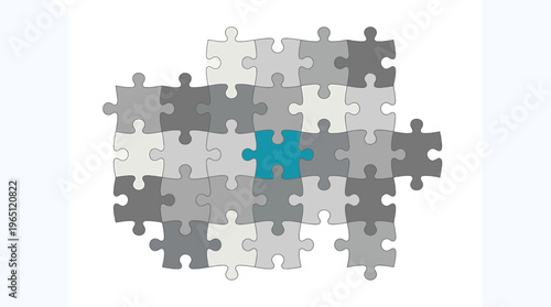 Jigsaw puzzle pieces coming together with one blue standout solution concept