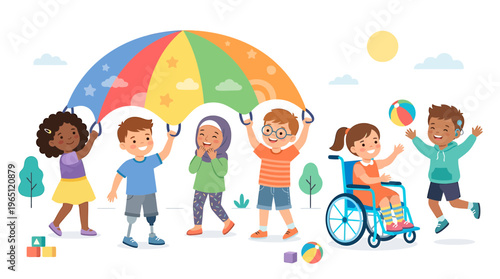 Diverse group of happy children playing together outdoors with umbrella
