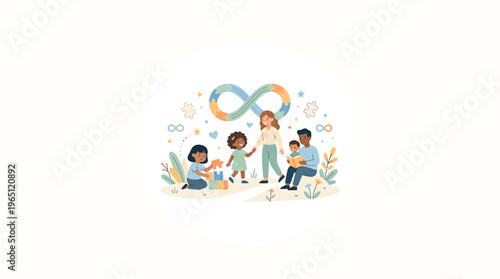 Diverse family with children playing and reading together outdoors in a colorful illustration with puzzle pieces and infinity symbol representing autism awareness and acceptance