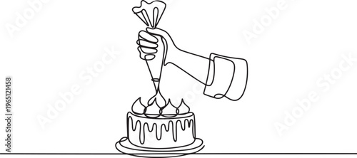 The pastry chef decorates the cake with cream using a pastry bag. one line art icon drawing vector